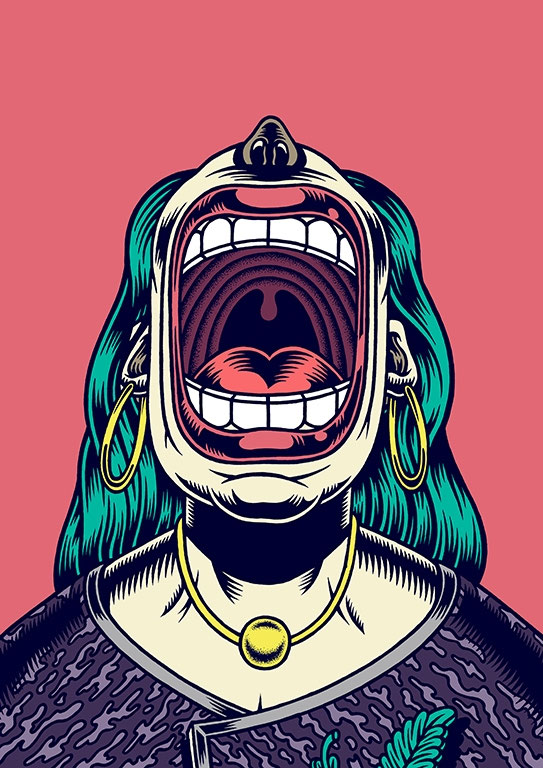 Comichafte Illustration einer schreienden Frau mit weit aufgerissenem Mund – Illustration von Lukasz Belcarski